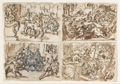 Title- Page from a Sketchbook Showing Four Scenes Including Thessalians Fighting Bulls (Recto) by Jan van der Straet